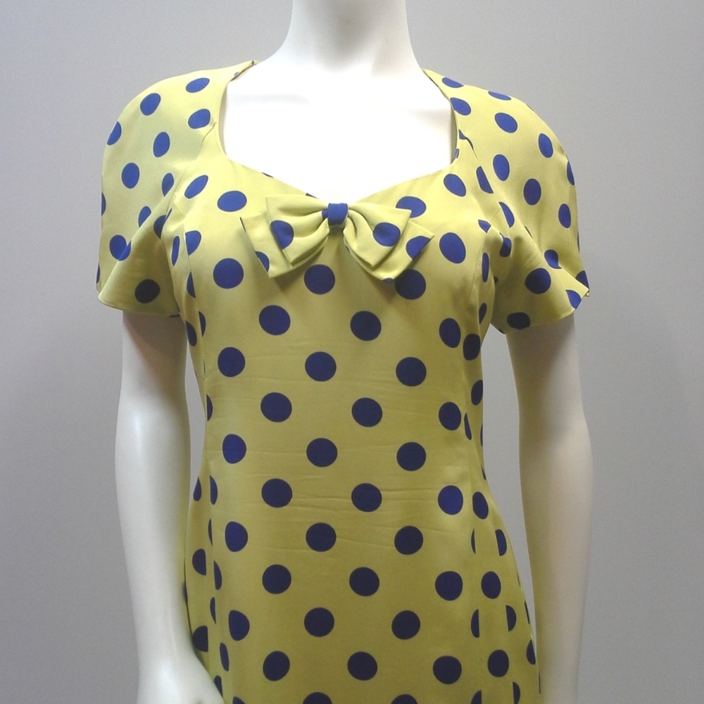 Vintage 80s 100% Silk Dress Chartreuse Blue Polka Dot Ruffle Hem Dress Size 8